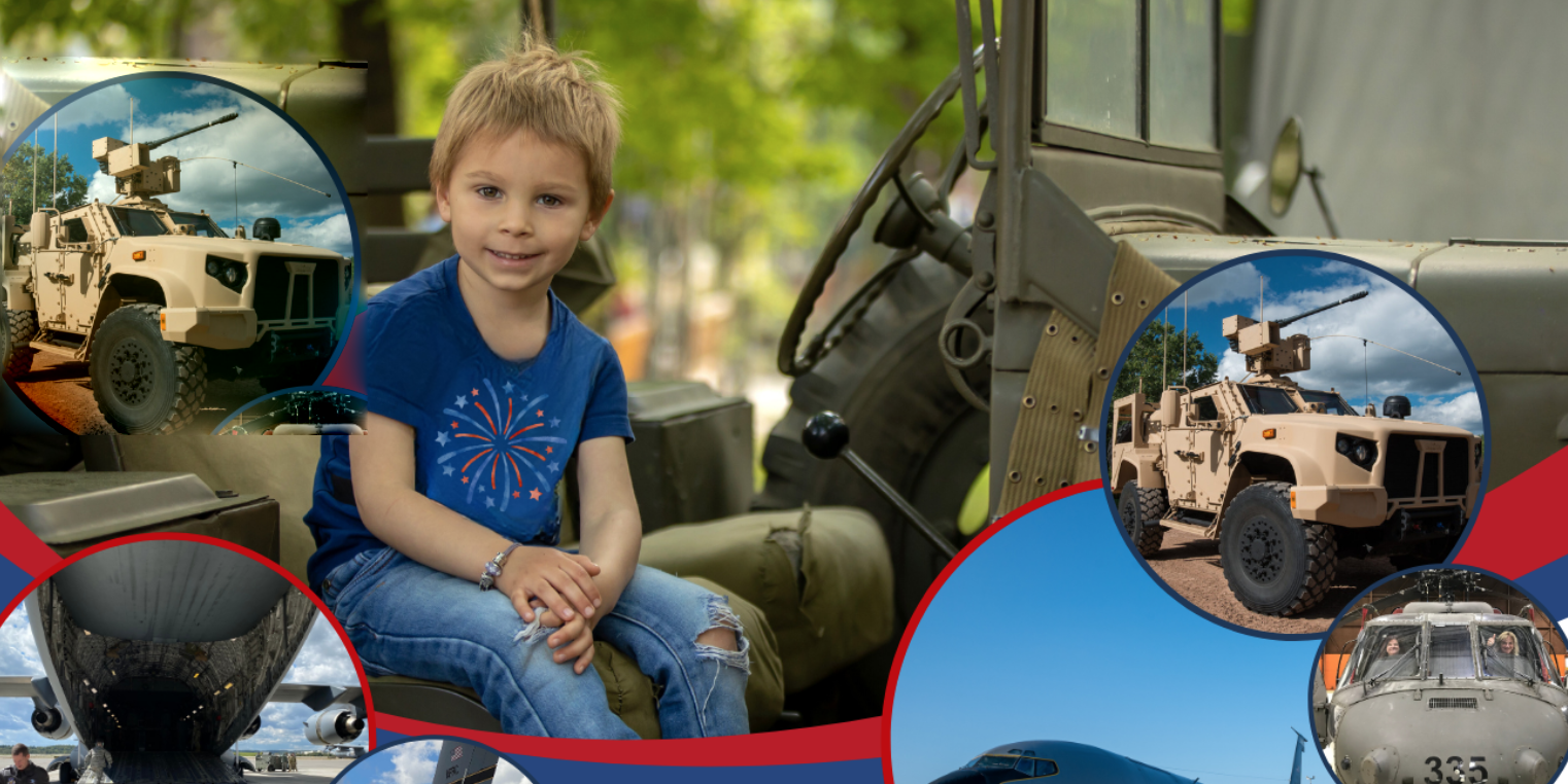Image of a little boy sitting in the front seat of a military vehicle to promote a Touch a Truck event.
